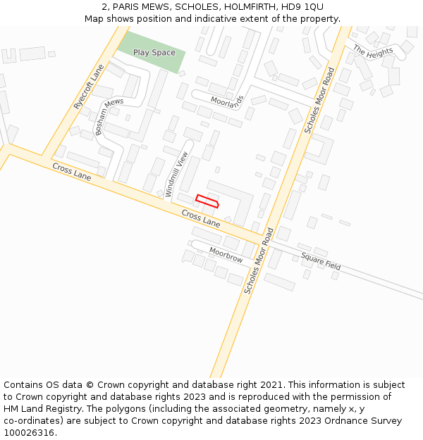 2, PARIS MEWS, SCHOLES, HOLMFIRTH, HD9 1QU: Location map and indicative extent of plot