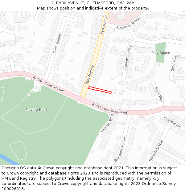 2, PARK AVENUE, CHELMSFORD, CM1 2AA: Location map and indicative extent of plot