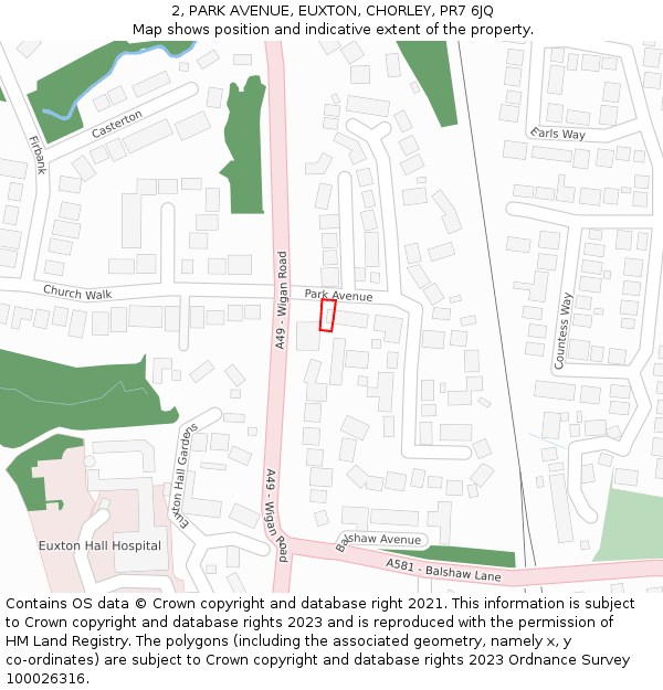 2, PARK AVENUE, EUXTON, CHORLEY, PR7 6JQ: Location map and indicative extent of plot