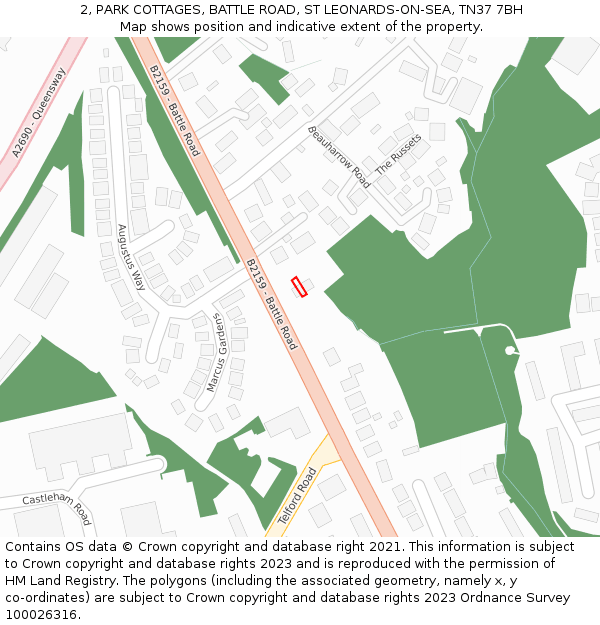 2, PARK COTTAGES, BATTLE ROAD, ST LEONARDS-ON-SEA, TN37 7BH: Location map and indicative extent of plot