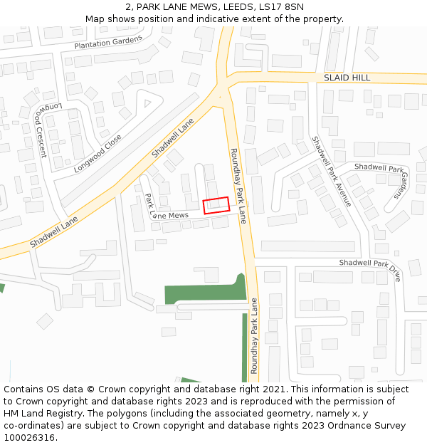 2, PARK LANE MEWS, LEEDS, LS17 8SN: Location map and indicative extent of plot
