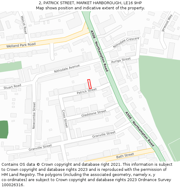 2, PATRICK STREET, MARKET HARBOROUGH, LE16 9HP: Location map and indicative extent of plot