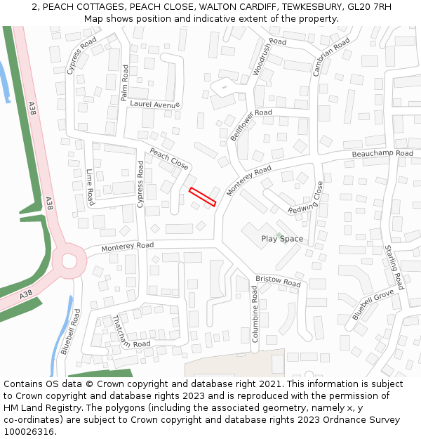 2, PEACH COTTAGES, PEACH CLOSE, WALTON CARDIFF, TEWKESBURY, GL20 7RH: Location map and indicative extent of plot