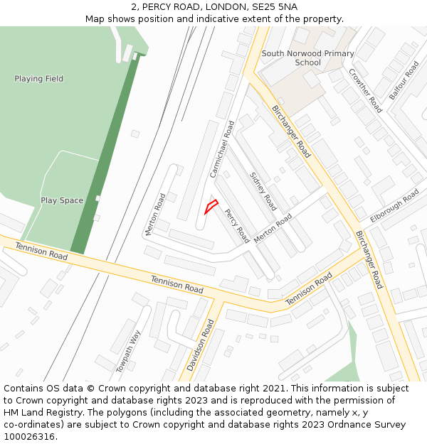 2, PERCY ROAD, LONDON, SE25 5NA: Location map and indicative extent of plot
