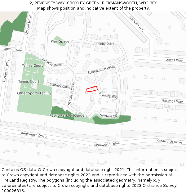 2, PEVENSEY WAY, CROXLEY GREEN, RICKMANSWORTH, WD3 3FX: Location map and indicative extent of plot