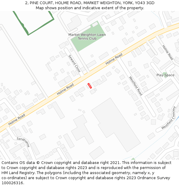 2, PINE COURT, HOLME ROAD, MARKET WEIGHTON, YORK, YO43 3GD: Location map and indicative extent of plot