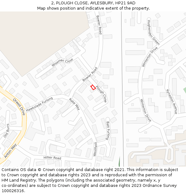2, PLOUGH CLOSE, AYLESBURY, HP21 9AD: Location map and indicative extent of plot