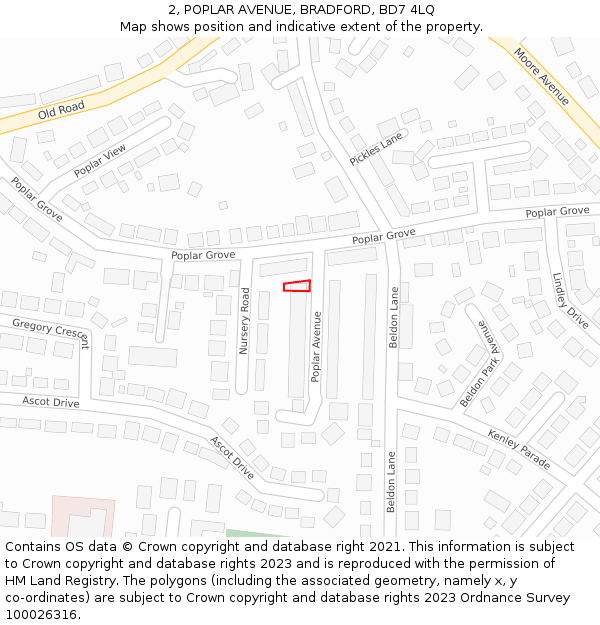 2, POPLAR AVENUE, BRADFORD, BD7 4LQ: Location map and indicative extent of plot