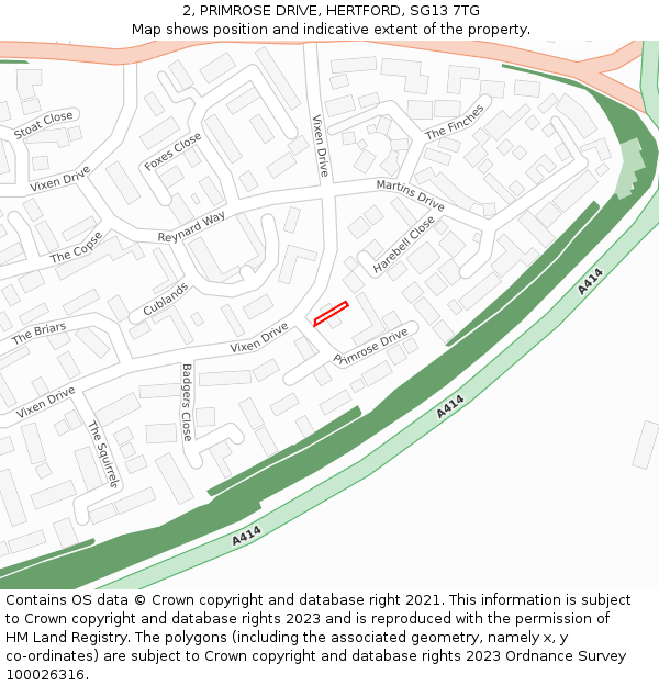 2, PRIMROSE DRIVE, HERTFORD, SG13 7TG: Location map and indicative extent of plot