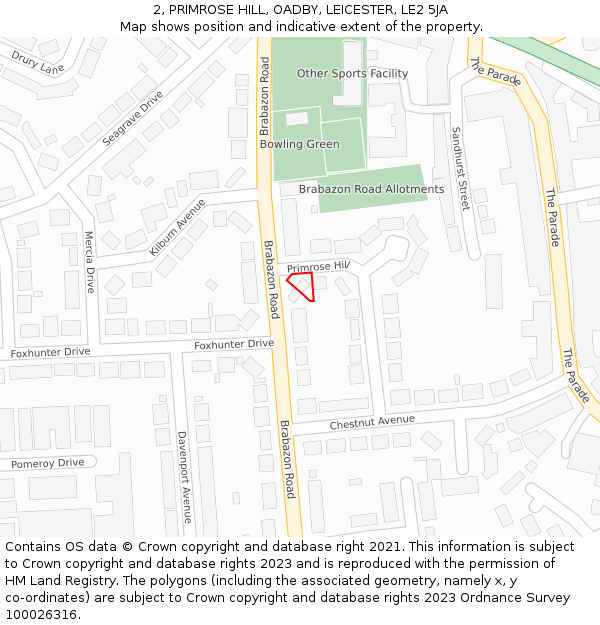 2, PRIMROSE HILL, OADBY, LEICESTER, LE2 5JA: Location map and indicative extent of plot