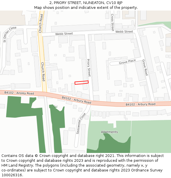 2, PRIORY STREET, NUNEATON, CV10 8JP: Location map and indicative extent of plot