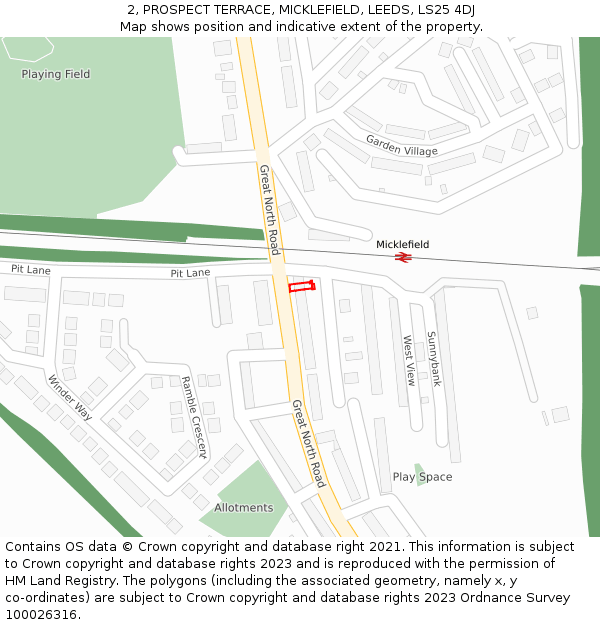 2, PROSPECT TERRACE, MICKLEFIELD, LEEDS, LS25 4DJ: Location map and indicative extent of plot
