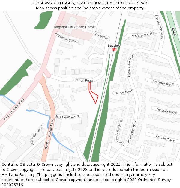 2, RAILWAY COTTAGES, STATION ROAD, BAGSHOT, GU19 5AS: Location map and indicative extent of plot