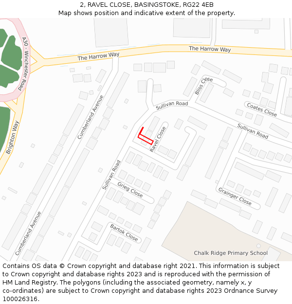 2, RAVEL CLOSE, BASINGSTOKE, RG22 4EB: Location map and indicative extent of plot