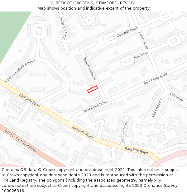 2, REDCOT GARDENS, STAMFORD, PE9 1DL: Location map and indicative extent of plot