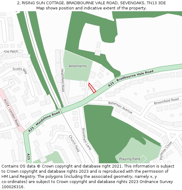 2, RISING SUN COTTAGE, BRADBOURNE VALE ROAD, SEVENOAKS, TN13 3DE: Location map and indicative extent of plot