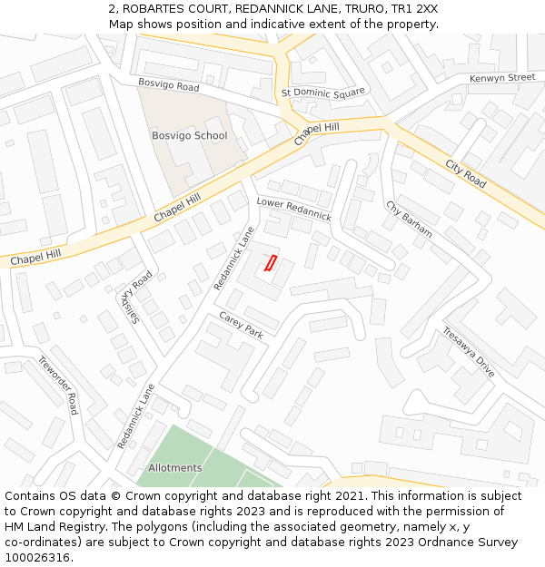 2, ROBARTES COURT, REDANNICK LANE, TRURO, TR1 2XX: Location map and indicative extent of plot
