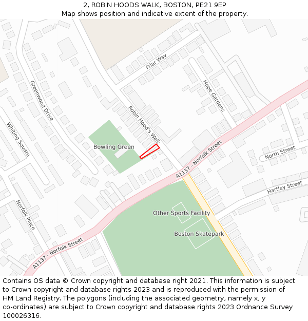 2, ROBIN HOODS WALK, BOSTON, PE21 9EP: Location map and indicative extent of plot