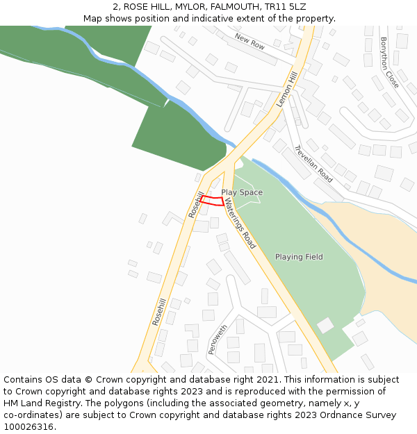 2, ROSE HILL, MYLOR, FALMOUTH, TR11 5LZ: Location map and indicative extent of plot