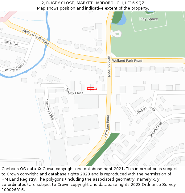 2, RUGBY CLOSE, MARKET HARBOROUGH, LE16 9QZ: Location map and indicative extent of plot