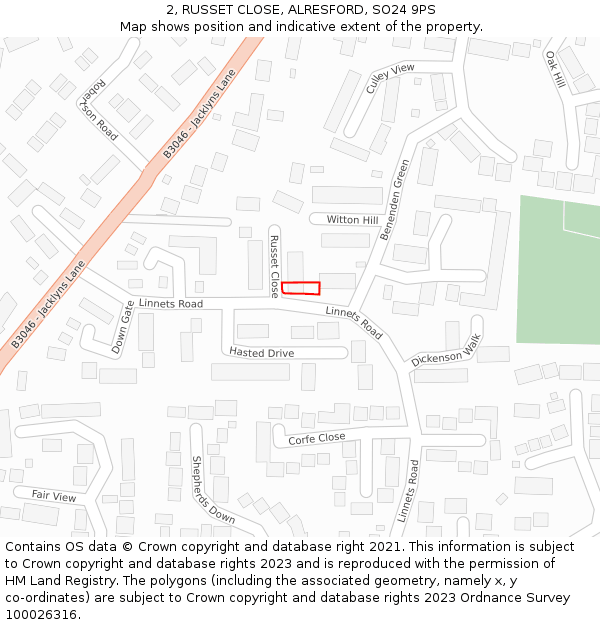 2, RUSSET CLOSE, ALRESFORD, SO24 9PS: Location map and indicative extent of plot