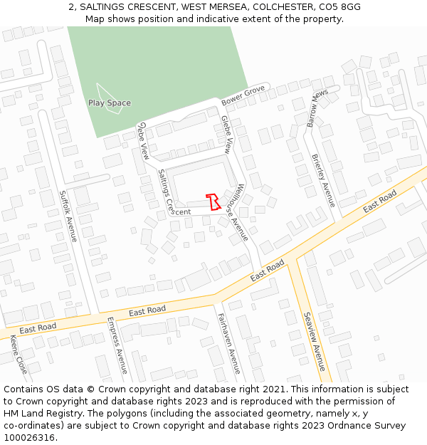 2, SALTINGS CRESCENT, WEST MERSEA, COLCHESTER, CO5 8GG: Location map and indicative extent of plot