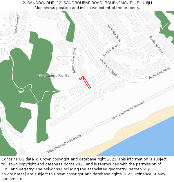 2, SANDBOURNE, 12, SANDBOURNE ROAD, BOURNEMOUTH, BH4 8JH: Location map and indicative extent of plot