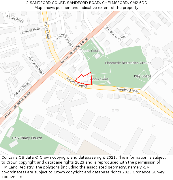 2 SANDFORD COURT, SANDFORD ROAD, CHELMSFORD, CM2 6DD: Location map and indicative extent of plot