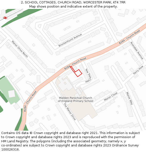 2, SCHOOL COTTAGES, CHURCH ROAD, WORCESTER PARK, KT4 7RR: Location map and indicative extent of plot
