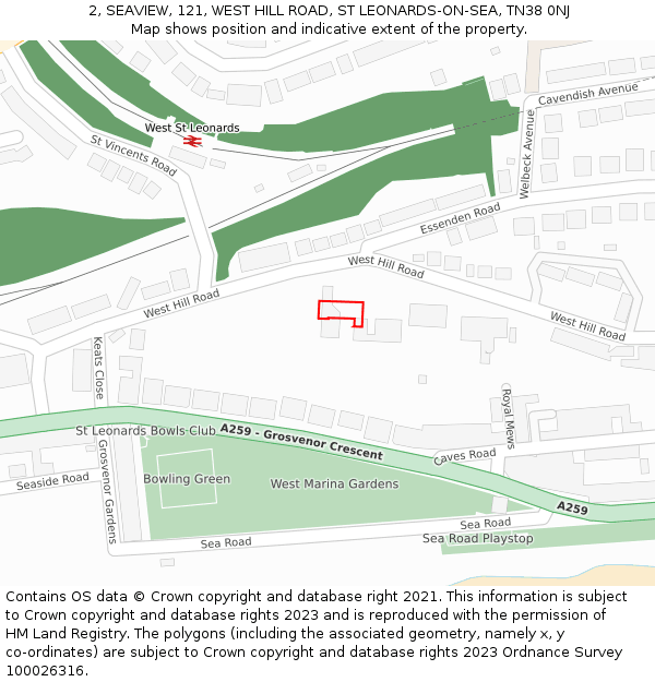 2, SEAVIEW, 121, WEST HILL ROAD, ST LEONARDS-ON-SEA, TN38 0NJ: Location map and indicative extent of plot