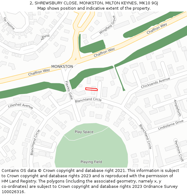 2, SHREWSBURY CLOSE, MONKSTON, MILTON KEYNES, MK10 9GJ: Location map and indicative extent of plot
