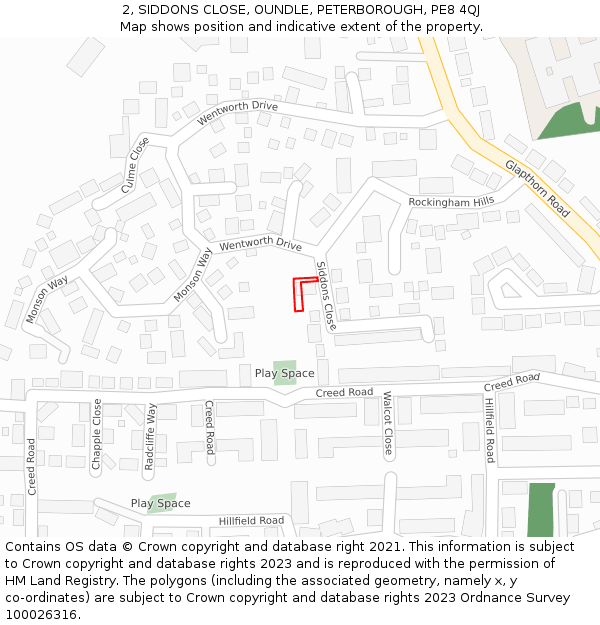 2, SIDDONS CLOSE, OUNDLE, PETERBOROUGH, PE8 4QJ: Location map and indicative extent of plot