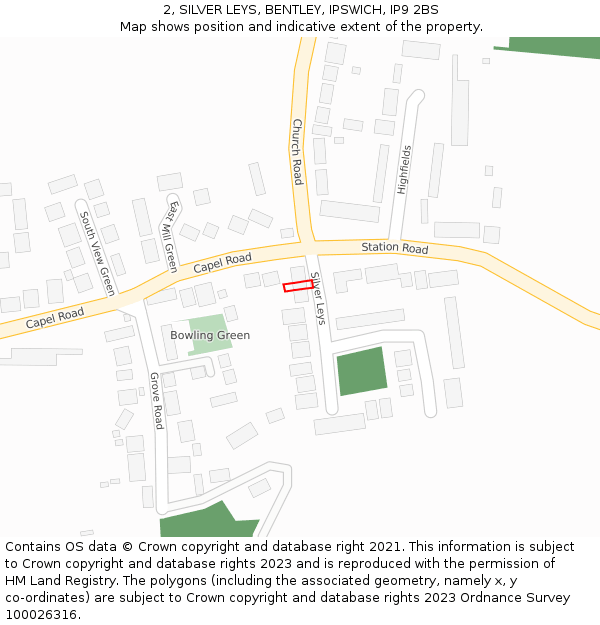 2, SILVER LEYS, BENTLEY, IPSWICH, IP9 2BS: Location map and indicative extent of plot