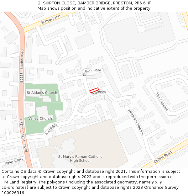 2, SKIPTON CLOSE, BAMBER BRIDGE, PRESTON, PR5 6HF: Location map and indicative extent of plot