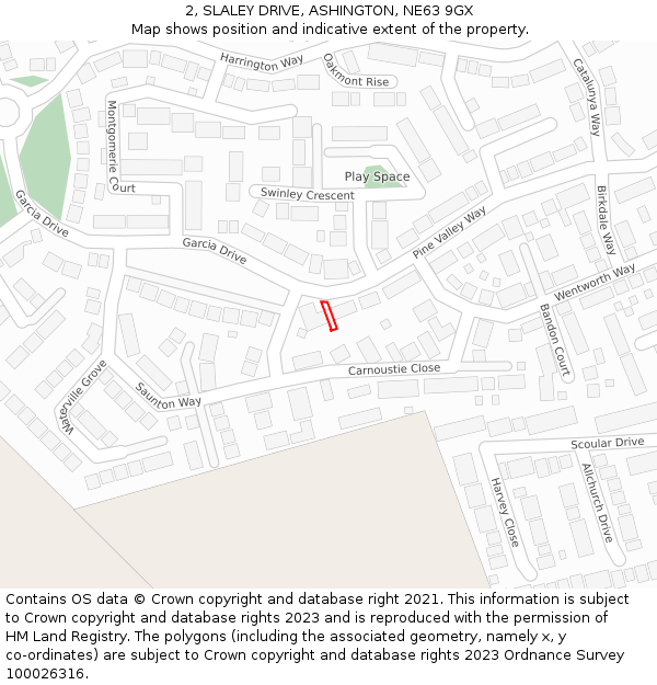 2, SLALEY DRIVE, ASHINGTON, NE63 9GX: Location map and indicative extent of plot