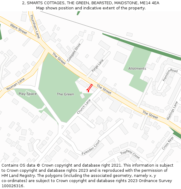 2, SMARTS COTTAGES, THE GREEN, BEARSTED, MAIDSTONE, ME14 4EA: Location map and indicative extent of plot