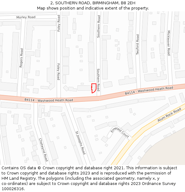 2, SOUTHERN ROAD, BIRMINGHAM, B8 2EH: Location map and indicative extent of plot