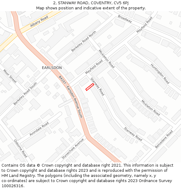 2, STANWAY ROAD, COVENTRY, CV5 6PJ: Location map and indicative extent of plot