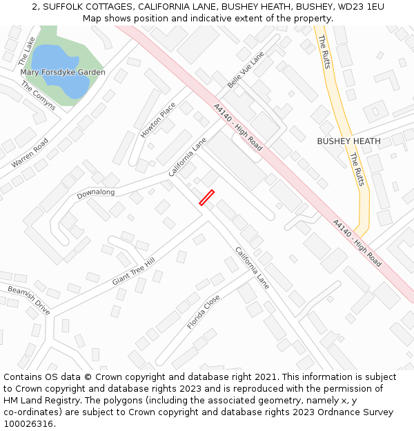 2, SUFFOLK COTTAGES, CALIFORNIA LANE, BUSHEY HEATH, BUSHEY, WD23 1EU: Location map and indicative extent of plot