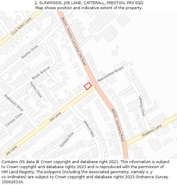 2, SUNNYSIDE, JOE LANE, CATTERALL, PRESTON, PR3 0QD: Location map and indicative extent of plot