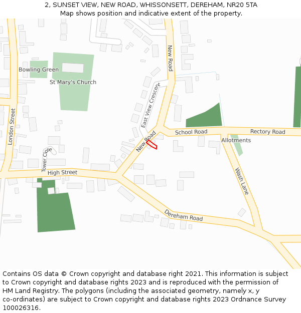 2, SUNSET VIEW, NEW ROAD, WHISSONSETT, DEREHAM, NR20 5TA: Location map and indicative extent of plot
