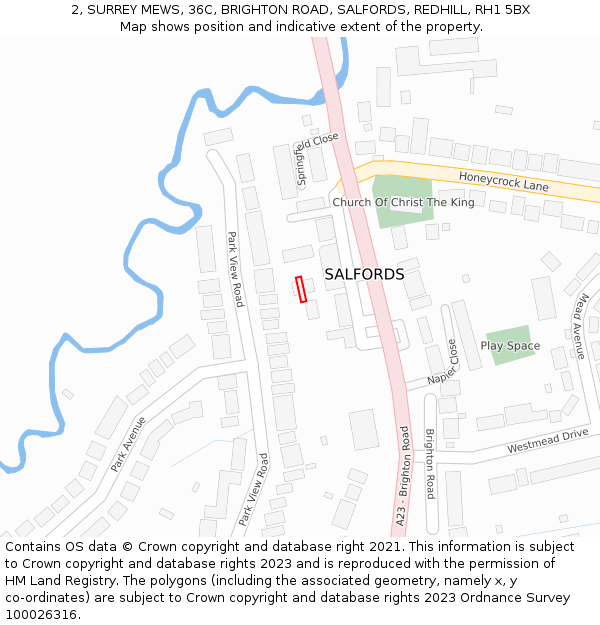 2, SURREY MEWS, 36C, BRIGHTON ROAD, SALFORDS, REDHILL, RH1 5BX: Location map and indicative extent of plot