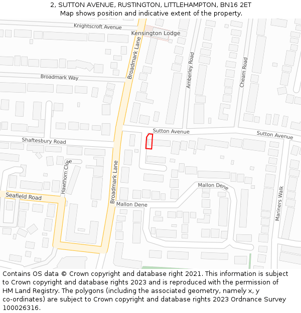 2, SUTTON AVENUE, RUSTINGTON, LITTLEHAMPTON, BN16 2ET: Location map and indicative extent of plot