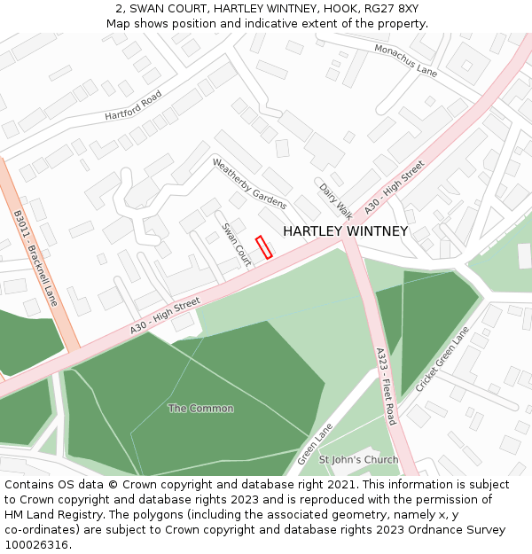 2, SWAN COURT, HARTLEY WINTNEY, HOOK, RG27 8XY: Location map and indicative extent of plot