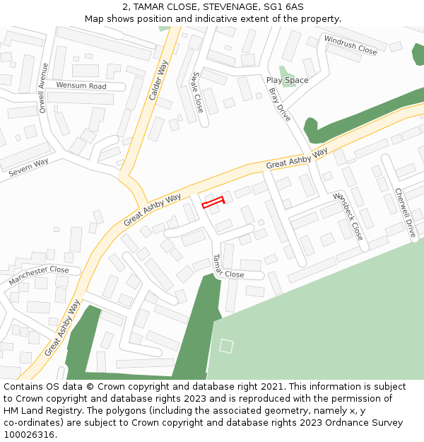 2, TAMAR CLOSE, STEVENAGE, SG1 6AS: Location map and indicative extent of plot