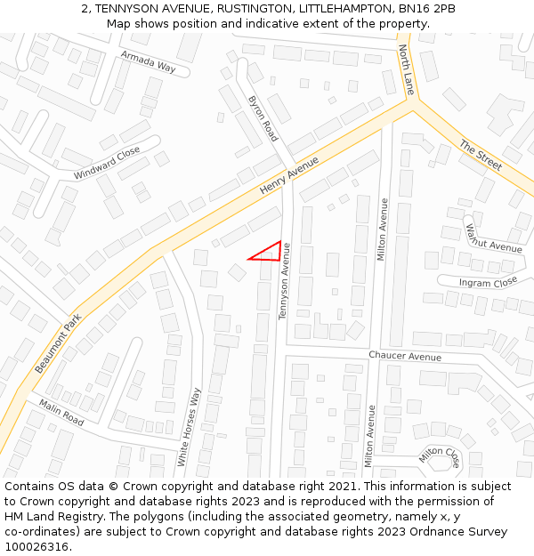 2, TENNYSON AVENUE, RUSTINGTON, LITTLEHAMPTON, BN16 2PB: Location map and indicative extent of plot