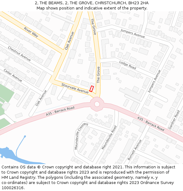 2, THE BEAMS, 2, THE GROVE, CHRISTCHURCH, BH23 2HA: Location map and indicative extent of plot