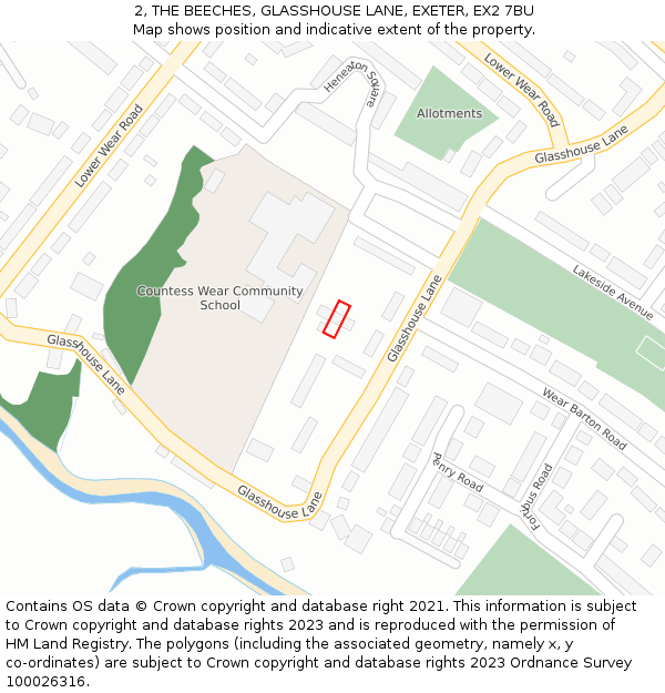 2, THE BEECHES, GLASSHOUSE LANE, EXETER, EX2 7BU: Location map and indicative extent of plot