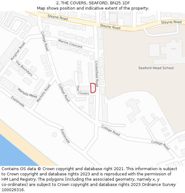 2, THE COVERS, SEAFORD, BN25 1DF: Location map and indicative extent of plot