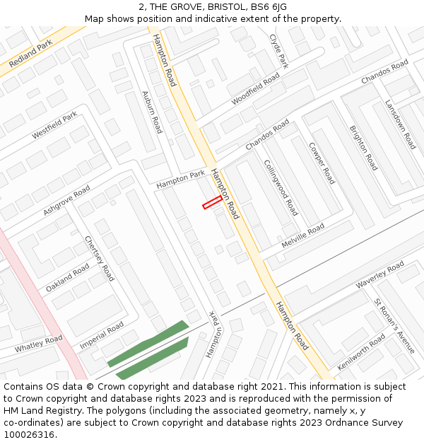 2, THE GROVE, BRISTOL, BS6 6JG: Location map and indicative extent of plot